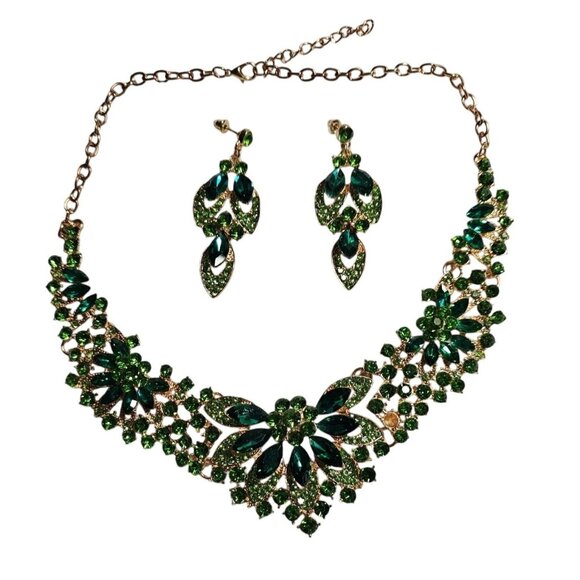 18" Green Rhinestone Necklace & Earrings Set Gold Chain Womens Weddings Cosplay - Picture 1 of 6